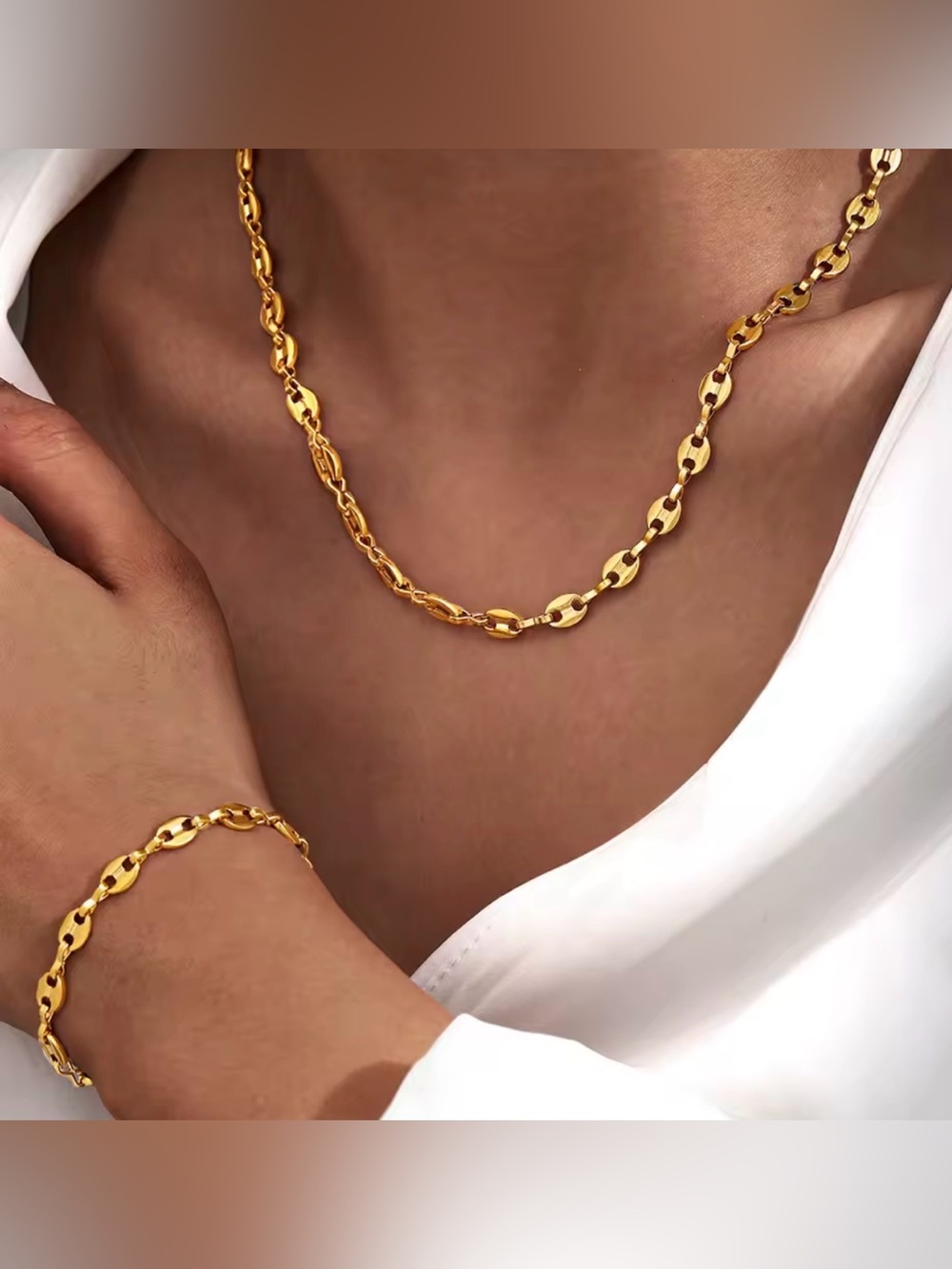 Gold Tone Stainless Steel Coffee Bean Chain Necklace Bracelet Jewelry Set